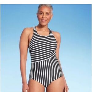 Land's End High Neck Striped One Piece Swimsuit